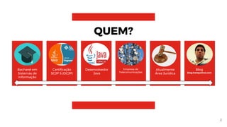 QUEM?
Bacharel em
Sistemas de
Informação
Desenvolvedor
Java
Certificação
SCJP 5 (OCJP)
Empresa de
Telecomunicações
Blog
blog.ivanqueiroz.com
2
Atualmente
Área Jurídica
 