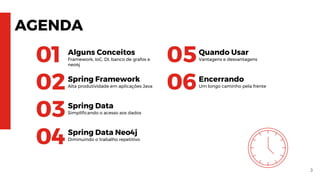 AGENDA
Alguns Conceitos
Framework, IoC, DI, banco de grafos e
neo4j
Spring Framework
Alta produtividade em aplicações Java
Spring Data
Simplificando o acesso aos dados
Spring Data Neo4j
Diminuindo o trabalho repetitivo
01
02
03
04
3
Quando Usar
Vantagens e desvantagens05
06Encerrando
Um longo caminho pela frente
 
