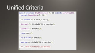 Unified Criteria
public interface CrudRepository<T, ID extends Serializable>
extends Repository<T, ID> {
<S extends T> S save(S entity);
Optional<T> findById(ID primaryKey);
Iterable<T> findAll();
long count();
void delete(T entity);
boolean existsById(ID primaryKey);
// … more functionality omitted.
}
 