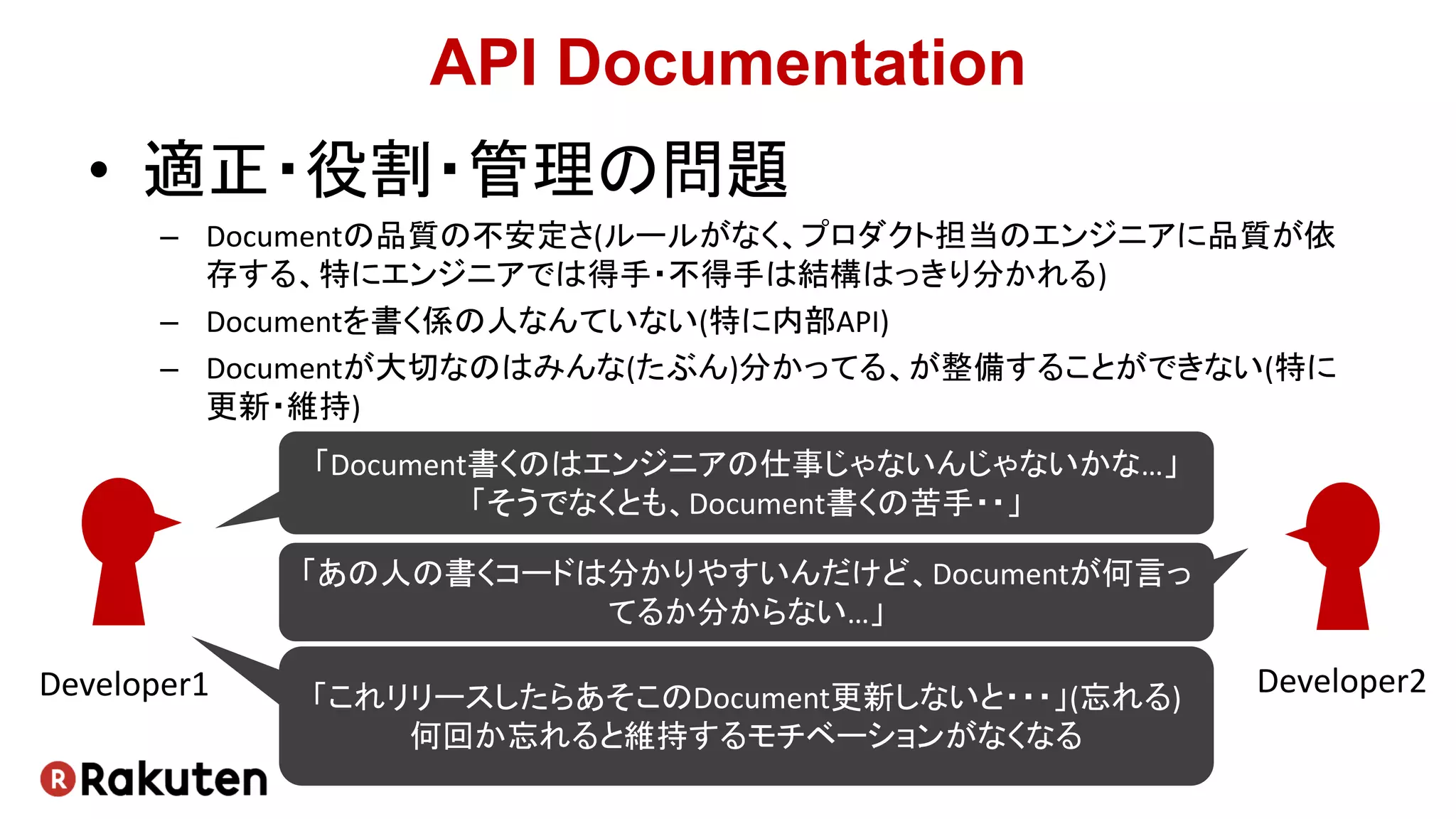API Documentation
• 適正・役割・管理の問題
– Documentの品質の不安定さ(ルールがなく、プロダクト担当のエンジニアに品質が依
存する、特にエンジニアでは得手・不得手は結構はっきり分かれる)
– Documentを書く係の人なんていない(特に内部API)
– Documentが大切なのはみんな(たぶん)分かってる、が整備することができない(特に
更新・維持)
「Document書くのはエンジニアの仕事じゃないんじゃないかな…」
「そうでなくとも、Document書くの苦手・・」
「あの人の書くコードは分かりやすいんだけど、Documentが何言っ
てるか分からない…」
Developer1 Developer2「これリリースしたらあそこのDocument更新しないと・・・」(忘れる)
何回か忘れると維持するモチベーションがなくなる
 