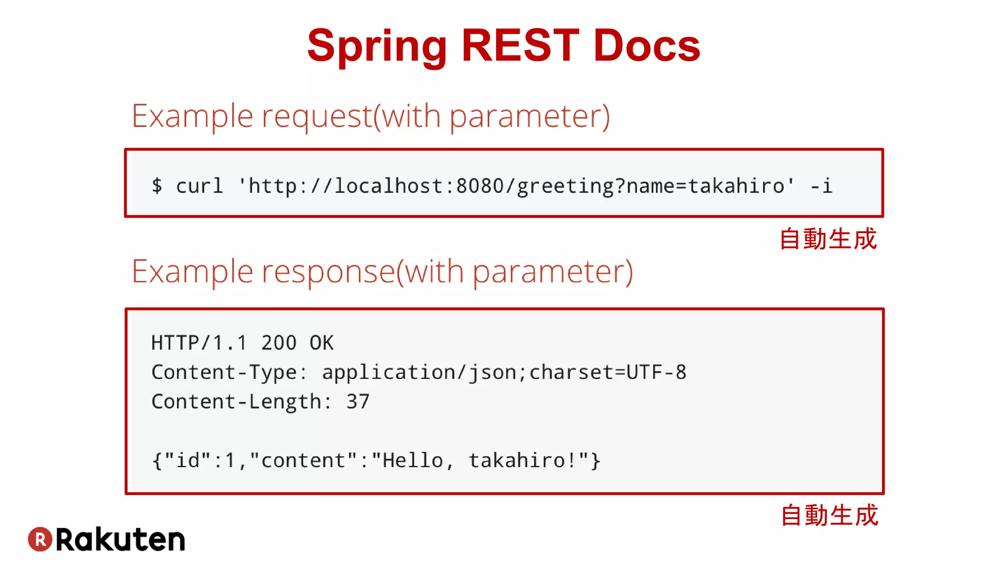 Spring REST Docs
自動生成
自動生成
 