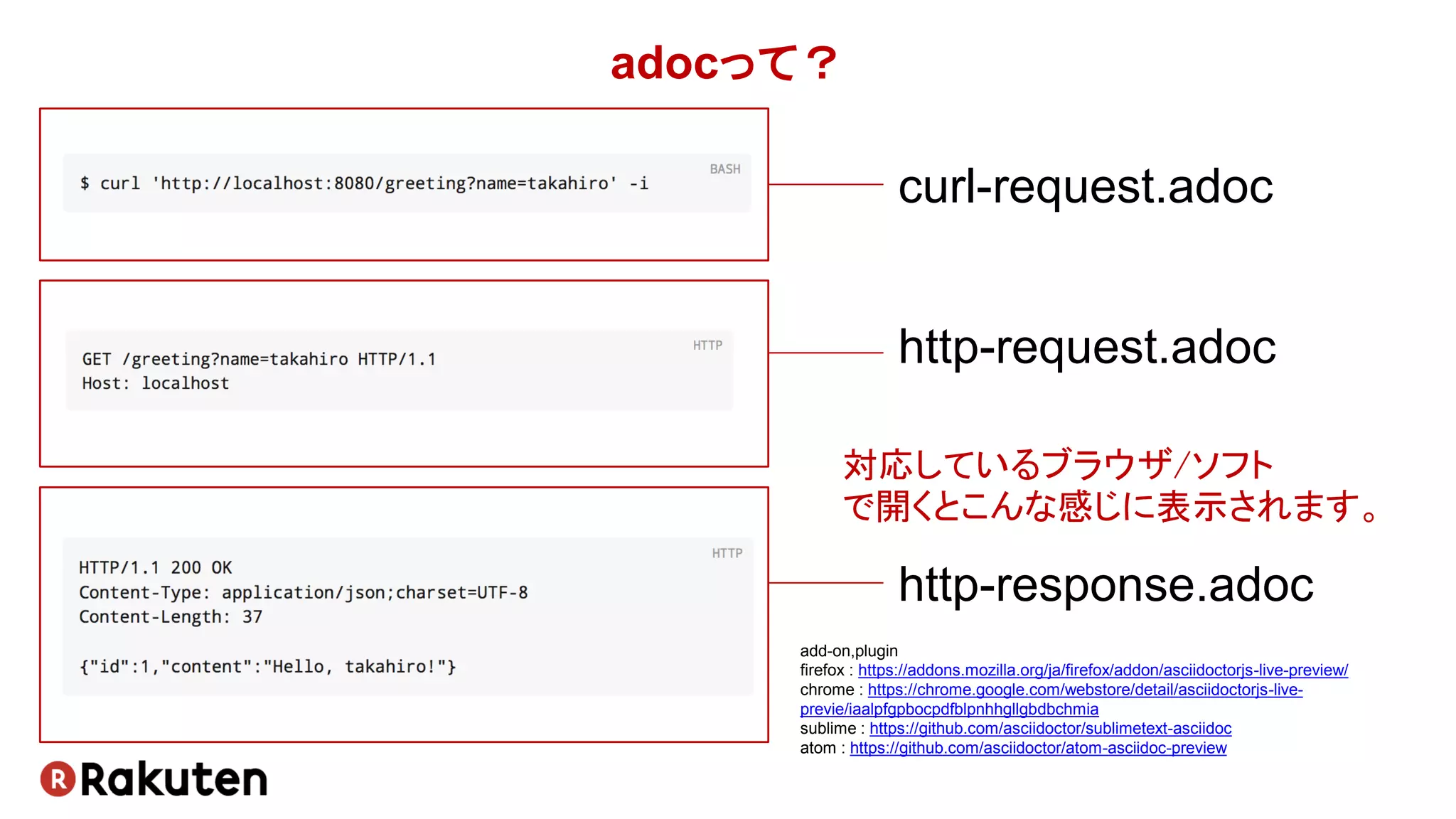 adocって？
curl-request.adoc
http-request.adoc
http-response.adoc
add-on,plugin
firefox : https://addons.mozilla.org/ja/firefox/addon/asciidoctorjs-live-preview/
chrome : https://chrome.google.com/webstore/detail/asciidoctorjs-live-
previe/iaalpfgpbocpdfblpnhhgllgbdbchmia
sublime : https://github.com/asciidoctor/sublimetext-asciidoc
atom : https://github.com/asciidoctor/atom-asciidoc-preview
対応しているブラウザ/ソフト
で開くとこんな感じに表示されます。
 
