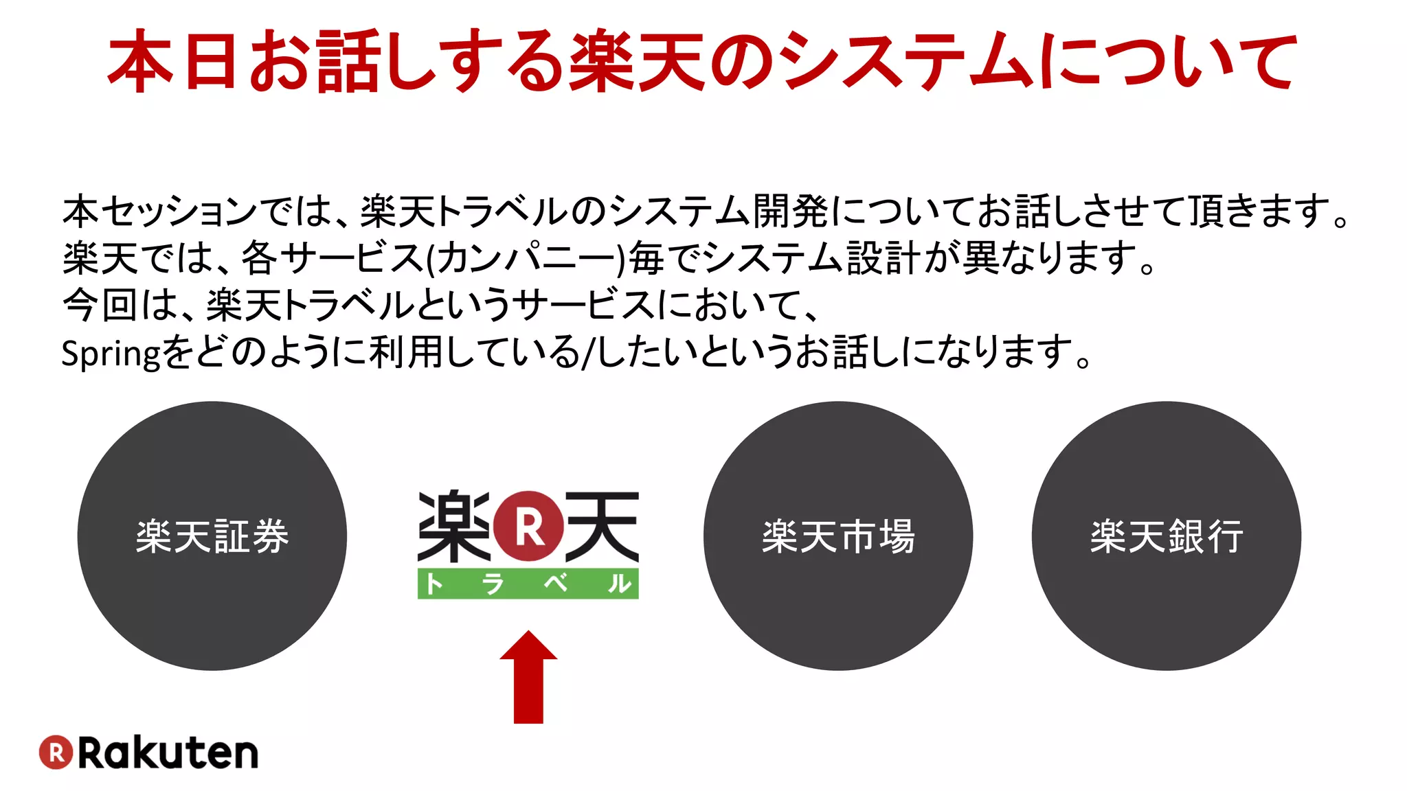 本セッションでは、楽天トラベルのシステム開発についてお話しさせて頂きます。
楽天では、各サービス(カンパニー)毎でシステム設計が異なります。
今回は、楽天トラベルというサービスにおいて、
Springをどのように利用している/したいというお話しになります。
本日お話しする楽天のシステムについて
楽天市場 楽天銀行楽天証券
 