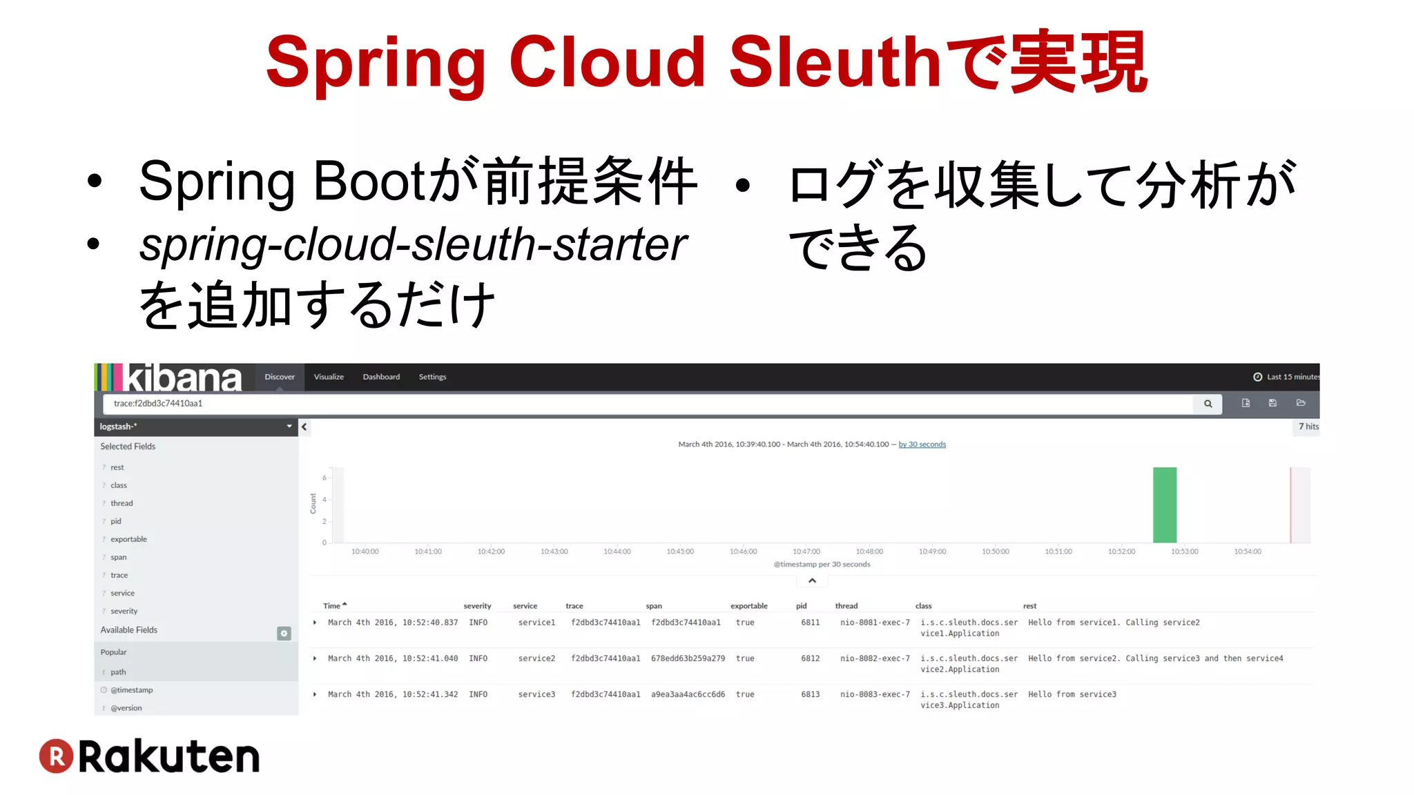 Spring Cloud Sleuthで実現
• Spring Bootが前提条件
• spring-cloud-sleuth-starter
を追加するだけ
• ログを収集して分析が
できる
 