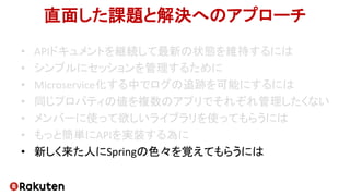 直面した課題と解決へのアプローチ
• APIドキュメントを継続して最新の状態を維持するには
• シンプルにセッションを管理するために
• Microservice化する中でログの追跡を可能にするには
• 同じプロパティの値を複数のアプリでそれぞれ管理したくない
• メンバーに使って欲しいライブラリを使ってもらうには
• もっと簡単にAPIを実装する為に
• 新しく来た人にSpringの色々を覚えてもらうには
 