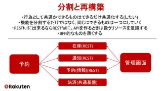 分割と再構築
予約
予約(情報)(REST)
通知(REST)
決済(共通基盤)
在庫(REST)
・行為として共通かできるものはできるだけ共通化する(したい)
・機能を分割するだけではなく、同じにできるものは一つにしていく
・RESTfulに出来るならRESTfulに。APIを作るときは扱うリソースを意識する
・BFF的なものを薄くする
管理画面
 