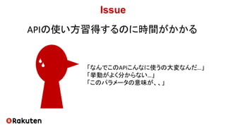 Issue
APIの使い方習得するのに時間がかかる
「なんでこのAPIこんなに使うの大変なんだ…」
「挙動がよく分からない…」
「このパラメータの意味が、、」
 