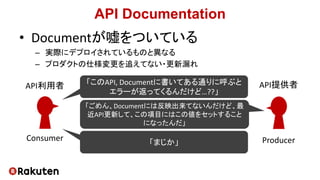 API Documentation
• Documentが嘘をついている
– 実際にデプロイされているものと異なる
– プロダクトの仕様変更を追えてない・更新漏れ
「このAPI, Documentに書いてある通りに呼ぶと
エラーが返ってくるんだけど…??」
「ごめん、Documentには反映出来てないんだけど、最
近API更新して、この項目にはこの値をセットすること
になったんだ」
Consumer Producer「まじか」
API利用者 API提供者
 