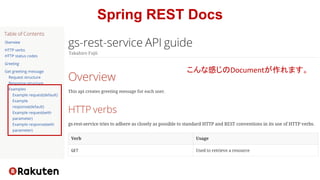 Spring REST Docs
こんな感じのDocumentが作れます。
 
