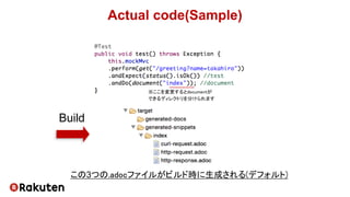 Actual code(Sample)
Build
この3つの.adocファイルがビルド時に生成される(デフォルト)
※ここを変更するとdocumentが
できるディレクトリを分けられます
 