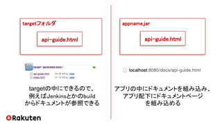 targetフォルダ
targetの中にできるので、
例えばJenkinsとかのbuild
からドキュメントが参照できる
api-guide.html
appname.jar
アプリの中にドキュメントを組み込み、
アプリ配下にドキュメントページ
を組み込める
api-guide.html
 