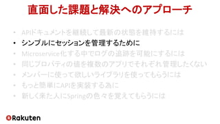 直面した課題と解決へのアプローチ
• APIドキュメントを継続して最新の状態を維持するには
• シンプルにセッションを管理するために
• Microservice化する中でログの追跡を可能にするには
• 同じプロパティの値を複数のアプリでそれぞれ管理したくない
• メンバーに使って欲しいライブラリを使ってもらうには
• もっと簡単にAPIを実装する為に
• 新しく来た人にSpringの色々を覚えてもらうには
 