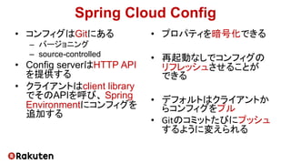 Spring Cloud Config
• コンフィグはGitにある
– バージョニング
– source-controlled
• Config serverはHTTP API
を提供する
• クライアントはclient library
でそのAPIを呼び、 Spring
Environmentにコンフィグを
追加する
• プロパティを暗号化できる
• 再起動なしでコンフィグの
リフレッシュさせることが
できる
• デフォルトはクライアントか
らコンフィグをプル
• Gitのコミットたびにプッシュ
するように変えられる
 