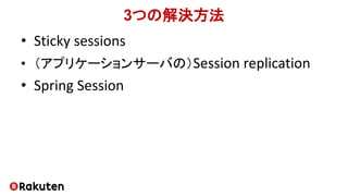 3つの解決方法
• Sticky sessions
• （アプリケーションサーバの）Session replication
• Spring Session
 