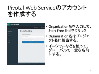 Pivotal Web Serviceのアカウント
を作成する
• Organization名を入力して、
Start Free Trialをクリック
• Organization名はプロジェ
クト名に相当する。
• イニシャルなどを使って、
グローバルで一意な名前
にする。
29
 