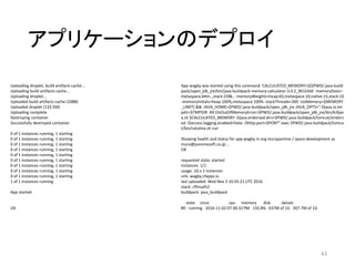 アプリケーションのデプロイ
43
Uploading droplet, build artifacts cache...
Uploading build artifacts cache...
Uploading droplet...
Uploaded build artifacts cache (108B)
Uploaded droplet (133.5M)
Uploading complete
Destroying container
Successfully destroyed container
0 of 1 instances running, 1 starting
0 of 1 instances running, 1 starting
0 of 1 instances running, 1 starting
0 of 1 instances running, 1 starting
0 of 1 instances running, 1 starting
0 of 1 instances running, 1 starting
0 of 1 instances running, 1 starting
0 of 1 instances running, 1 starting
0 of 1 instances running, 1 starting
1 of 1 instances running
App started
OK
App wagby was started using this command `CALCULATED_MEMORY=$($PWD/.java-build
pack/open_jdk_jre/bin/java-buildpack-memory-calculator-2.0.2_RELEASE -memorySizes=
metaspace:64m..,stack:228k.. -memoryWeights=heap:65,metaspace:10,native:15,stack:10
-memoryInitials=heap:100%,metaspace:100% -stackThreads=300 -totMemory=$MEMORY
_LIMIT) && JAVA_HOME=$PWD/.java-buildpack/open_jdk_jre JAVA_OPTS="-Djava.io.tm
pdir=$TMPDIR -XX:OnOutOfMemoryError=$PWD/.java-buildpack/open_jdk_jre/bin/killjav
a.sh $CALCULATED_MEMORY -Djava.endorsed.dirs=$PWD/.java-buildpack/tomcat/endors
ed -Daccess.logging.enabled=false -Dhttp.port=$PORT" exec $PWD/.java-buildpack/tomca
t/bin/catalina.sh run`
Showing health and status for app wagby in org murajasmine / space development as
mura@jasminesoft.co.jp...
OK
requested state: started
instances: 1/1
usage: 1G x 1 instances
urls: wagby.cfapps.io
last uploaded: Wed Nov 2 10:35:21 UTC 2016
stack: cflinuxfs2
buildpack: java_buildpack
state since cpu memory disk details
#0 running 2016-11-02 07:38:32 PM 150.8% 637M of 1G 307.7M of 1G
 