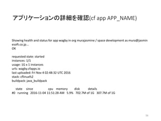 アプリケーションの詳細を確認(cf app APP_NAME)
56
Showing health and status for app wagby in org murajasmine / space development as mura@jasmin
esoft.co.jp...
OK
requested state: started
instances: 1/1
usage: 1G x 1 instances
urls: wagby.cfapps.io
last uploaded: Fri Nov 4 02:48:32 UTC 2016
stack: cflinuxfs2
buildpack: java_buildpack
state since cpu memory disk details
#0 running 2016-11-04 11:51:28 AM 5.9% 702.7M of 1G 307.7M of 1G
 
