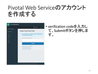 Pivotal Web Serviceのアカウント
を作成する
• verification codeを入力し
て、Submitボタンを押しま
す。
28
 