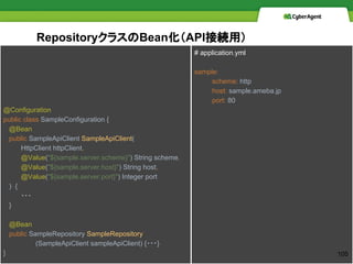 Repository饹BeanAPIӾAã
@Configuration
public class SampleConfiguration {
@Bean
public SampleApiClient SampleApiClient(
HttpClient httpClient,
@Value("${sample.server.scheme}") String scheme,
@Value("${sample.server.host}") String host,
@Value("${sample.server.port}") Integer port
) {
???
}
@Bean
public SampleRepository SampleRepository
(SampleApiClient sampleApiClient) {???}
}
# application.yml
sample:
scheme: http
host: sample.ameba.jp
port: 80
105
 
