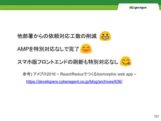 𤫤m깤p
AMP؄eʤ
ޥ۰եȥɤˢ¤؄eʤ
ο) ֥2016 ~ React/ReduxǤĤIsomorphic web app ~
https://developers.cyberagent.co.jp/blog/archives/636/
121
 