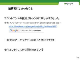 եȥɤμgȥɤˁ\䤹ʤä
ο) ֥2016 ~ React/ReduxǤĤIsomorphic web app ~
https://developers.cyberagent.co.jp/blog/archives/636/
һĤʥ`ƥ˄täˤǤ
ƥꥹƤǤƤ
gĤˤ褫ä
130
 