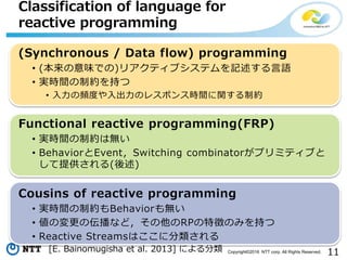 11Copyright©2016 NTT corp. All Rights Reserved.
Classification of language for
reactive programming
(Synchronous / Data flow) programming
• (本来の意味での)リアクティブシステムを記述する言語
• 実時間の制約を持つ
• 入力の頻度や入出力のレスポンス時間に関する制約
Functional reactive programming(FRP)
• 実時間の制約は無い
• BehaviorとEvent，Switching combinatorがプリミティブと
して提供される(後述)
Cousins of reactive programming
• 実時間の制約もBehaviorも無い
• 値の変更の伝播など，その他のRPの特徴のみを持つ
• Reactive Streamsはここに分類される
[E. Bainomugisha et al. 2013] による分類
 