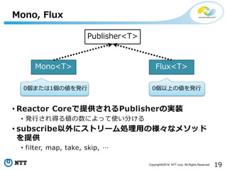 19Copyright©2016 NTT corp. All Rights Reserved.
Mono, Flux
Publisher<T>
Mono<T> Flux<T>
0個または1個の値を発行 0個以上の値を発行
• Reactor Coreで提供されるPublisherの実装
• 発行され得る値の数によって使い分ける
• subscribe以外にストリーム処理用の様々なメソッド
を提供
• filter, map, take, skip, …
 