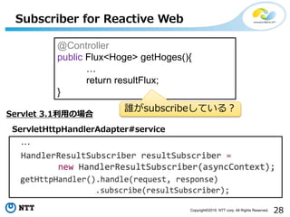 28Copyright©2016 NTT corp. All Rights Reserved.
Subscriber for Reactive Web
@Controller
public Flux<Hoge> getHoges(){
…
return resultFlux;
}
誰がsubscribeしている？
Servlet 3.1利用の場合
ServletHttpHandlerAdapter#service
…
 