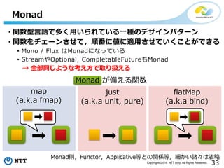 33Copyright©2016 NTT corp. All Rights Reserved.
• 関数型言語で多く用いられている一種のデザインパターン
• 関数をチェーンさせて，順番に値に適用させていくことができる
• Mono / Flux はMonadになっている
• StreamやOptional, CompletableFutureもMonad
Monad
map
(a.k.a fmap)
just
(a.k.a unit, pure)
flatMap
(a.k.a bind)
Monad が備える関数
Monad則，Functor，Applicative等との関係等，細かい諸々は省略
→ 全部同じような考え方で取り扱える
 