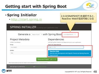 48Copyright©2016 NTT corp. All Rights Reserved.
• Spring Initializr
• http://start.spring.io
Getting start with Spring Boot
2.0.0(SNAPSHOT)を選択すると、
Reactive Webが追加可能になる
 