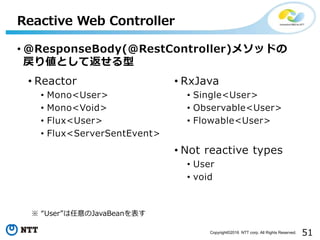 51Copyright©2016 NTT corp. All Rights Reserved.
• @ResponseBody(@RestController)メソッドの
戻り値として返せる型
Reactive Web Controller
※ “User”は任意のJavaBeanを表す
• Reactor
• Mono<User>
• Mono<Void>
• Flux<User>
• Flux<ServerSentEvent>
• RxJava
• Single<User>
• Observable<User>
• Flowable<User>
• Not reactive types
• User
• void
 