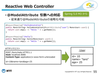 55Copyright©2016 NTT corp. All Rights Reserved.
• @ModelAttribute 引数への対応
• 従来通り@ModelAttributeの省略も可能
Reactive Web Controller
@RequestMapping("/helloAnnotation")
public Mono<String> helloAnnotation(@ModelAttribute("user") Mono<User> user) {
return user.map(u -> "Hello " + u.getName());
}
@RequestMapping("/hello")
public Mono<String> hello(Mono<User> user) {
return user.map(u -> "Hello " + u.getName());
}
Spring 5.0 M3 から
POST /form/hello HTTP/1.1
Host: localhost:8080
Content-Type: application/x-www-form-urlencoded
id=10&name=taro&age=25
HTTPリクエスト
id= 10
name= “taro”
age= 25
:User
 