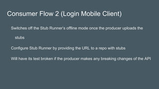 Consumer Flow 2 (Login Mobile Client)
Switches off the Stub Runner’s offline mode once the producer uploads the
stubs
Configure Stub Runner by providing the URL to a repo with stubs
Will have its test broken if the producer makes any breaking changes of the API
 