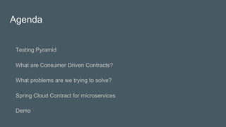 Agenda
Testing Pyramid
What are Consumer Driven Contracts?
What problems are we trying to solve?
Spring Cloud Contract for microservices
Demo
 