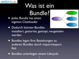 Was ist ein
              Bundle?
• Jedes Bundle hat einen
  eigenen Classloader
• Dadurch können Bundles
  installiert, gestartet, gestopt, neugeladen
  werden
• Bundles legen Ihre Beziehungen zu
  anderen Bundles durch import/export
  fest
• Bundles unterliegen einem Lifecycle
                        10
 