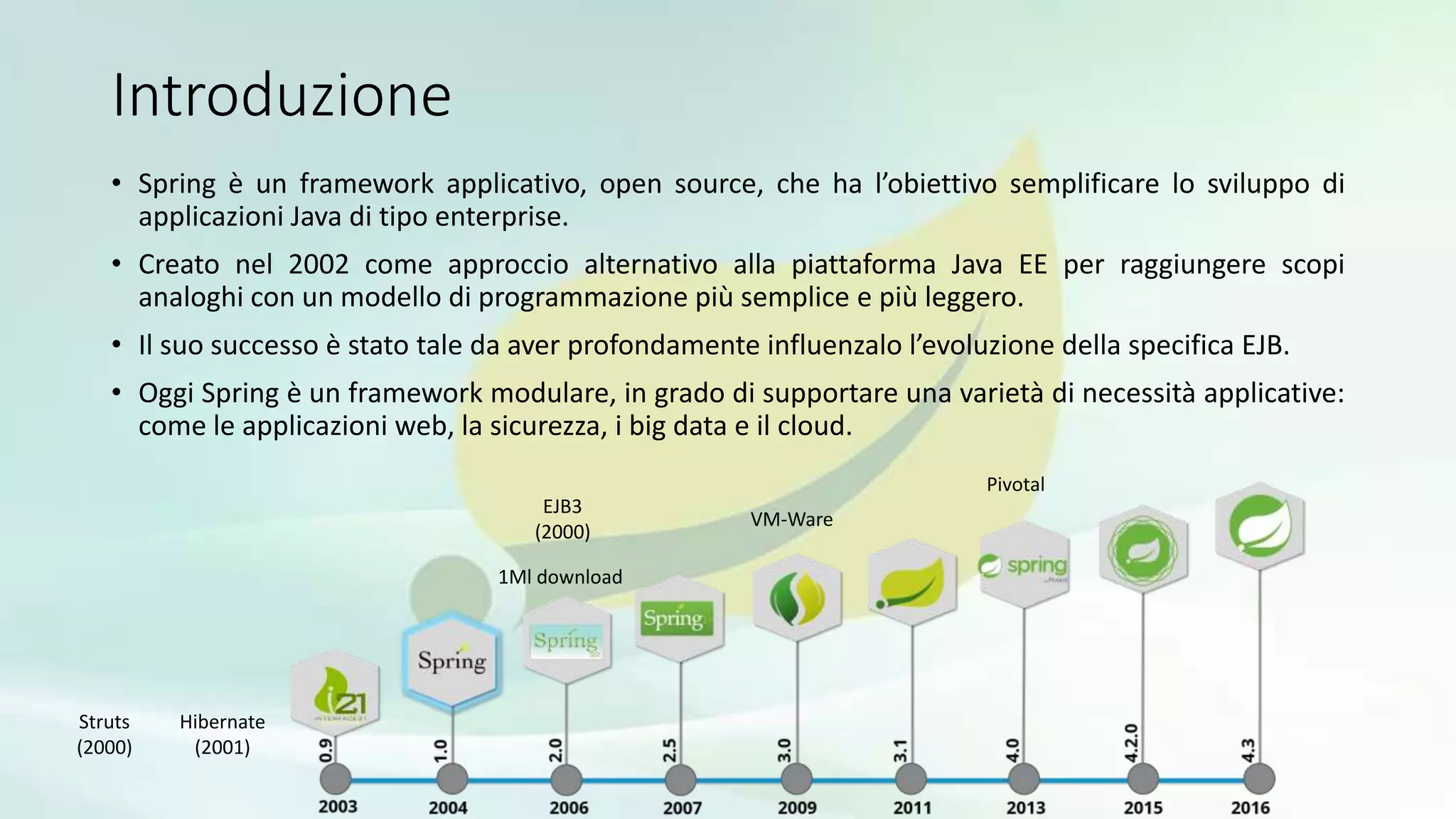 Introduzione
• Spring è un framework applicativo, open source, che ha l’obiettivo semplificare lo sviluppo di
applicazioni Java di tipo enterprise.
• Creato nel 2002 come approccio alternativo alla piattaforma Java EE per raggiungere scopi
analoghi con un modello di programmazione più semplice e più leggero.
• Il suo successo è stato tale da aver profondamente influenzalo l’evoluzione della specifica EJB.
• Oggi Spring è un framework modulare, in grado di supportare una varietà di necessità applicative:
come le applicazioni web, la sicurezza, i big data e il cloud.
1Ml download
VM-Ware
Pivotal
Struts
(2000)
Hibernate
(2001)
EJB3
(2000)
 