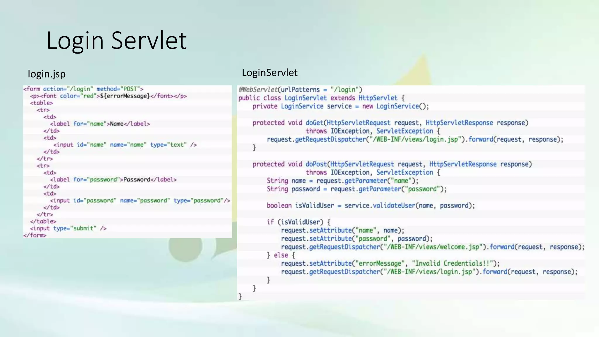 Login Servlet
login.jsp LoginServlet
 