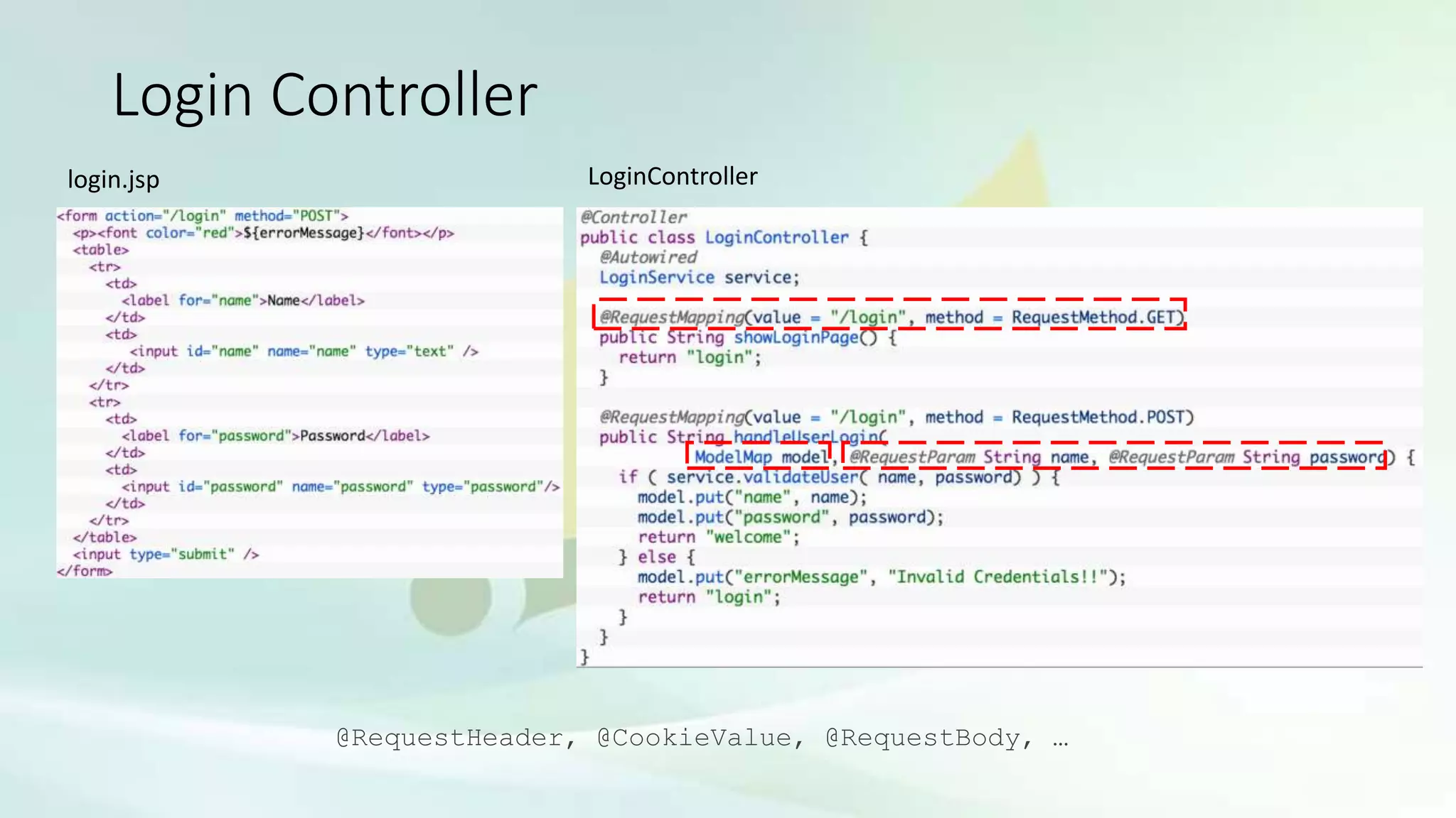 Login Controller
login.jsp LoginController
@RequestHeader, @CookieValue, @RequestBody, …
 