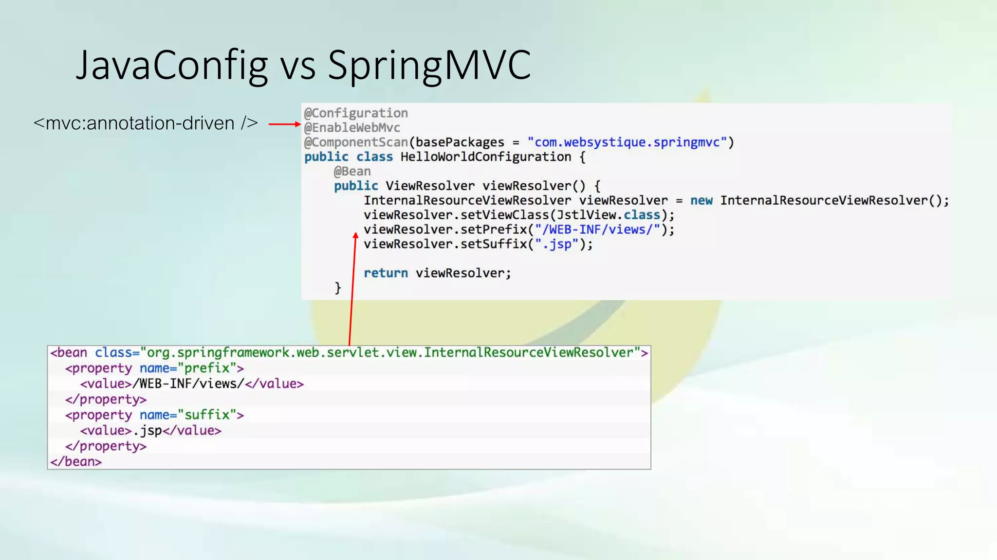 JavaConfig vs SpringMVC
<mvc:annotation-driven />
 