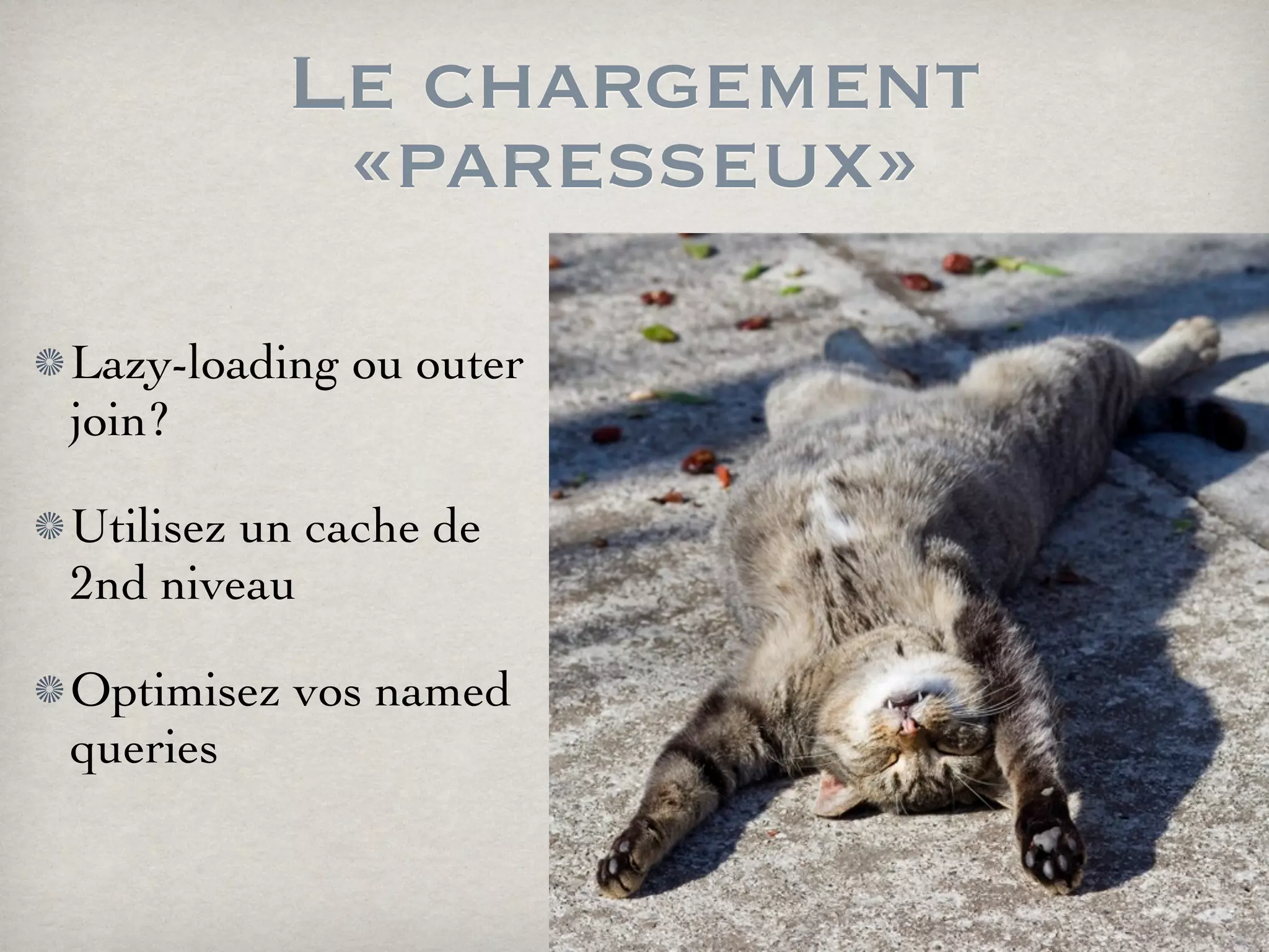 Le chargement
«paresseux»
Lazy-loading ou outer
join?
Utilisez un cache de
2nd niveau
Optimisez vos named
queries
 