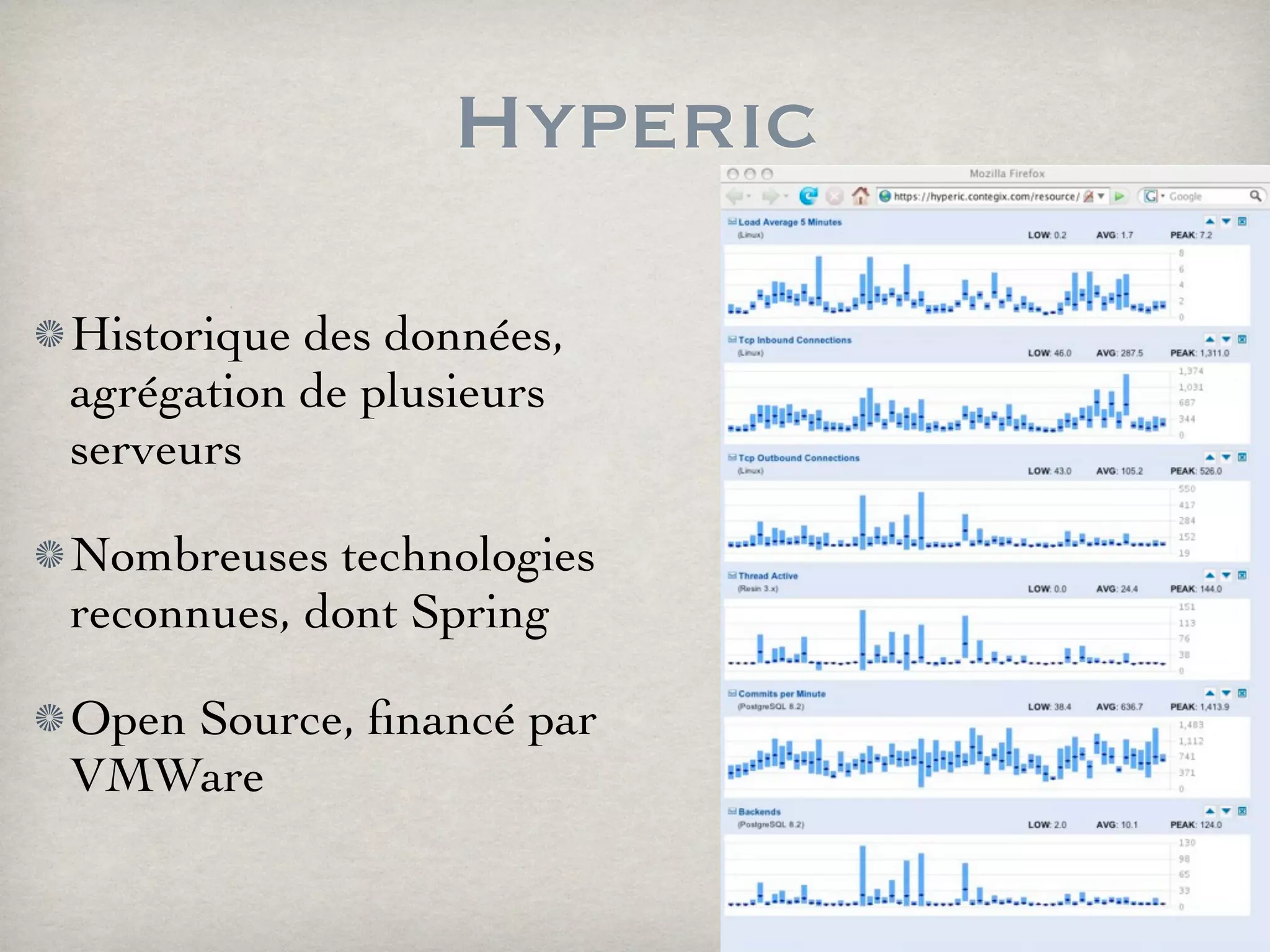Hyperic
Historique des données,
agrégation de plusieurs
serveurs
Nombreuses technologies
reconnues, dont Spring
Open Source, ﬁnancé par
VMWare
 