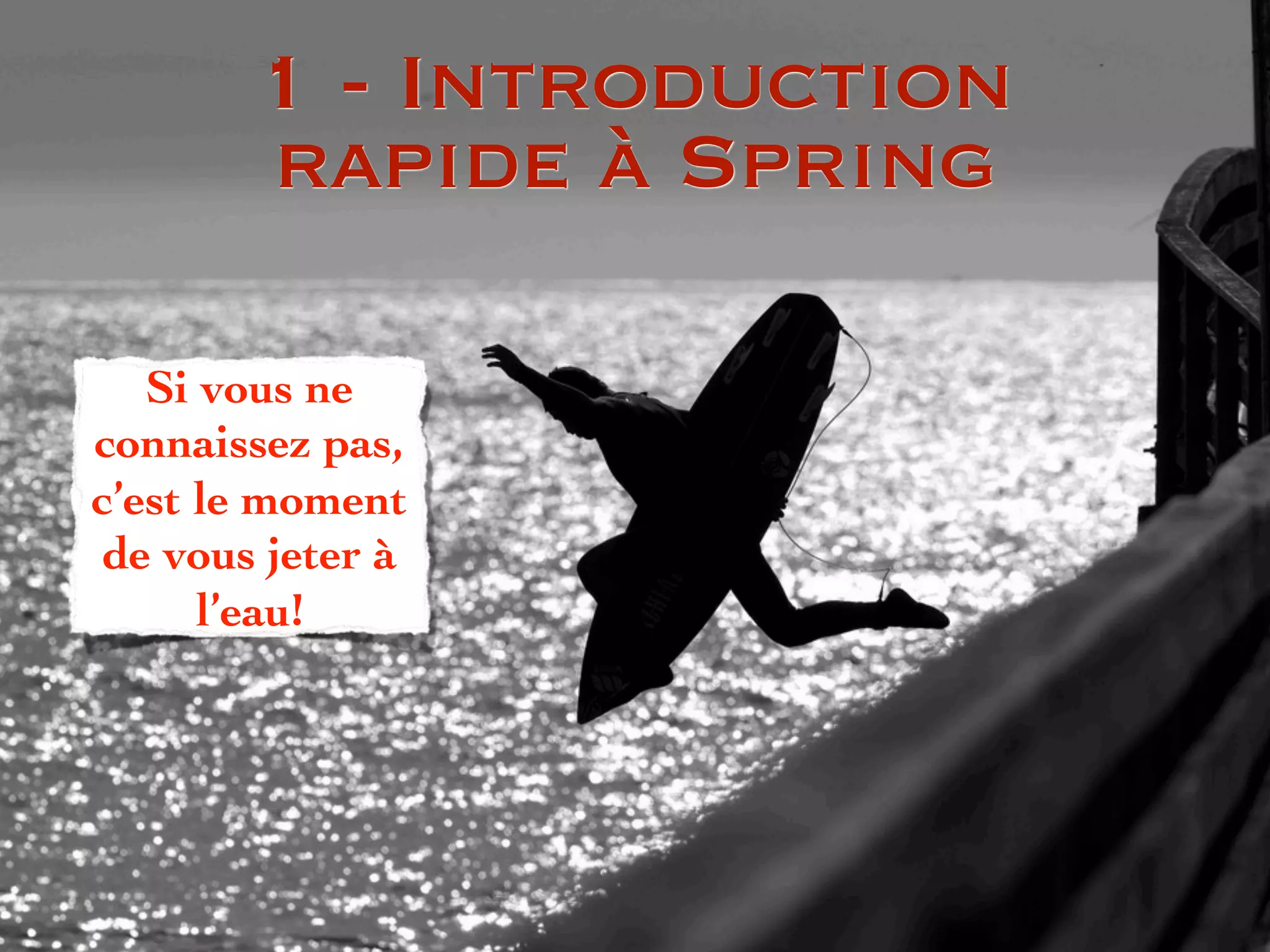 1 - Introduction
rapide à Spring
Si vous ne
connaissez pas,
c’est le moment
de vous jeter à
l’eau!
 