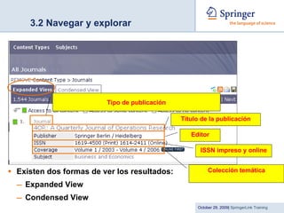 3.2 Navegar y explorar Existen dos formas de ver los resultados: Expanded View  Condensed View Tipo de publicación Título de la publicación Editor ISSN impreso y online Colección temática 