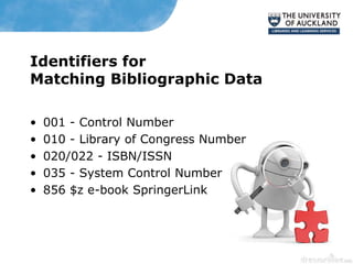 Identifiers for
Matching Bibliographic Data
• 001 - Control Number
• 010 - Library of Congress Number
• 020/022 - ISBN/ISSN
• 035 - System Control Number
• 856 $z e-book SpringerLink
 