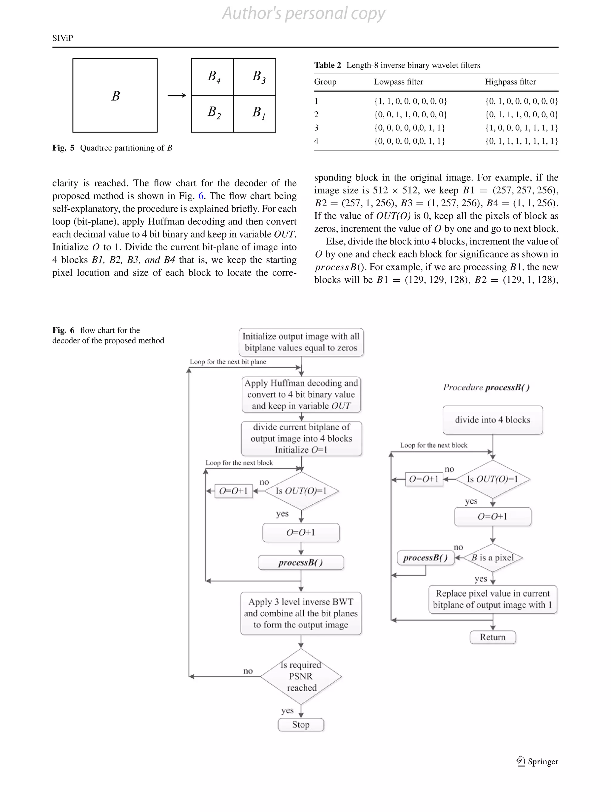 Author's personal copy
SIViP


                                                                Table 2 Length-8 inverse binary wavelet ﬁlters
                                                                Group           Lowpass ﬁlter                    Highpass ﬁlter

                                                                1               {1, 1, 0, 0, 0, 0, 0, 0}         {0, 1, 0, 0, 0, 0, 0, 0}
                                                                2               {0, 0, 1, 1, 0, 0, 0, 0}         {0, 1, 1, 1, 0, 0, 0, 0}
                                                                3               {0, 0, 0, 0, 0,0, 1, 1}          {1, 0, 0, 0, 1, 1, 1, 1}
                                                                4               {0, 0, 0, 0, 0,0, 1, 1}          {0, 1, 1, 1, 1, 1, 1, 1}
Fig. 5 Quadtree partitioning of B


                                                                sponding block in the original image. For example, if the
clarity is reached. The ﬂow chart for the decoder of the
                                                                image size is 512 × 512, we keep B1 = (257, 257, 256),
proposed method is shown in Fig. 6. The ﬂow chart being
                                                                B2 = (257, 1, 256), B3 = (1, 257, 256), B4 = (1, 1, 256).
self-explanatory, the procedure is explained brieﬂy. For each
                                                                If the value of OUT(O) is 0, keep all the pixels of block as
loop (bit-plane), apply Huffman decoding and then convert
                                                                zeros, increment the value of O by one and go to next block.
each decimal value to 4 bit binary and keep in variable OUT.
                                                                    Else, divide the block into 4 blocks, increment the value of
Initialize O to 1. Divide the current bit-plane of image into
                                                                O by one and check each block for significance as shown in
4 blocks B1, B2, B3, and B4 that is, we keep the starting
                                                                pr ocess B(). For example, if we are processing B1, the new
pixel location and size of each block to locate the corre-
                                                                blocks will be B1 = (129, 129, 128), B2 = (129, 1, 128),



Fig. 6 ﬂow chart for the
decoder of the proposed method




                                                                                                                           123
 