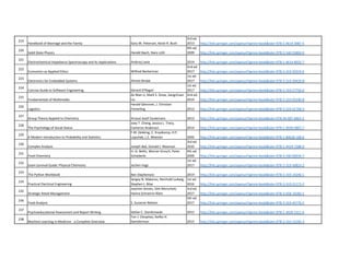 219
Handbook of Marriage and the Family Gary W. Peterson, Kevin R. Bush
3rd ed.
2013 http://link.springer.com/openurl?genre=book&isbn=978-1-4614-3987-5
220
Solid-State Physics Harald Ibach, Hans Lüth
4th ed.
2009 http://link.springer.com/openurl?genre=book&isbn=978-3-540-93804-0
221
Electrochemical Impedance Spectroscopy and its Applications Andrzej Lasia 2014 http://link.springer.com/openurl?genre=book&isbn=978-1-4614-8933-7
222
Economics as Applied Ethics Wilfred Beckerman
2nd ed.
2017 http://link.springer.com/openurl?genre=book&isbn=978-3-319-50319-6
223
Electronics for Embedded Systems Ahmet Bindal
1st ed.
2017 http://link.springer.com/openurl?genre=book&isbn=978-3-319-39439-8
224
Concise Guide to Software Engineering Gerard O'Regan
1st ed.
2017 http://link.springer.com/openurl?genre=book&isbn=978-3-319-57750-0
225
Fundamentals of Multimedia
Ze-Nian Li, Mark S. Drew, Jiangchuan
Liu
2nd ed.
2014 http://link.springer.com/openurl?genre=book&isbn=978-3-319-05290-8
226
Logistics
Harald Gleissner, J. Christian
Femerling 2013 http://link.springer.com/openurl?genre=book&isbn=978-3-319-01769-3
227
Group Theory Applied to Chemistry Arnout Jozef Ceulemans 2013 http://link.springer.com/openurl?genre=book&isbn=978-94-007-6863-5
228
The Psychology of Social Status
Joey T. Cheng, Jessica L. Tracy,
Cameron Anderson 2014 http://link.springer.com/openurl?genre=book&isbn=978-1-4939-0867-7
229
A Modern Introduction to Probability and Statistics
F.M. Dekking, C. Kraaikamp, H.P.
Lopuhaä, L.E. Meester 2005 http://link.springer.com/openurl?genre=book&isbn=978-1-84628-168-6
230
Complex Analysis Joseph Bak, Donald J. Newman
3rd ed.
2010 http://link.springer.com/openurl?genre=book&isbn=978-1-4419-7288-0
231
Food Chemistry
H.-D. Belitz, Werner Grosch, Peter
Schieberle
4th ed.
2009 http://link.springer.com/openurl?genre=book&isbn=978-3-540-69934-7
232
Exam Survival Guide: Physical Chemistry Jochen Vogt
1st ed.
2017 http://link.springer.com/openurl?genre=book&isbn=978-3-319-49810-2
233
The Python Workbook Ben Stephenson 2014 http://link.springer.com/openurl?genre=book&isbn=978-3-319-14240-1
234
Practical Electrical Engineering
Sergey N. Makarov, Reinhold Ludwig,
Stephen J. Bitar
1st ed.
2016 http://link.springer.com/openurl?genre=book&isbn=978-3-319-21173-2
235
Strategic Retail Management
Joachim Zentes, Dirk Morschett,
Hanna Schramm-Klein
3rd ed.
2017 http://link.springer.com/openurl?genre=book&isbn=978-3-658-10183-1
236
Food Analysis S. Suzanne Nielsen
5th ed.
2017 http://link.springer.com/openurl?genre=book&isbn=978-3-319-45776-5
237
Psychoeducational Assessment and Report Writing Stefan C. Dombrowski 2015 http://link.springer.com/openurl?genre=book&isbn=978-1-4939-1911-6
238
Machine Learning in Medicine - a Complete Overview
Ton J. Cleophas, Aeilko H.
Zwinderman 2015 http://link.springer.com/openurl?genre=book&isbn=978-3-319-15195-3
 