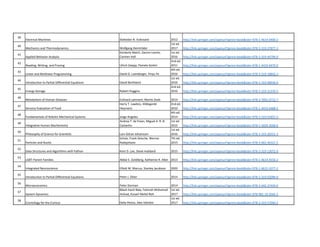 39
Electrical Machines Slobodan N. Vukosavic 2012 http://link.springer.com/openurl?genre=book&isbn=978-1-4614-0400-2
40
Mechanics and Thermodynamics Wolfgang Demtröder
1st ed.
2017 http://link.springer.com/openurl?genre=book&isbn=978-3-319-27877-3
41
Applied Behavior Analysis
Kimberly Maich, Darren Levine,
Carmen Hall
1st ed.
2016 http://link.springer.com/openurl?genre=book&isbn=978-3-319-44794-0
42
Reading, Writing, and Proving Ulrich Daepp, Pamela Gorkin
2nd ed.
2011 http://link.springer.com/openurl?genre=book&isbn=978-1-4419-9479-0
43
Linear and Nonlinear Programming David G. Luenberger, Yinyu Ye
4th ed.
2016 http://link.springer.com/openurl?genre=book&isbn=978-3-319-18842-3
44
Introduction to Partial Differential Equations David Borthwick
1st ed.
2016 http://link.springer.com/openurl?genre=book&isbn=978-3-319-48936-0
45
Energy Storage Robert Huggins
2nd ed.
2016 http://link.springer.com/openurl?genre=book&isbn=978-3-319-21239-5
46
Metabolism of Human Diseases Eckhard Lammert, Martin Zeeb 2014 http://link.springer.com/openurl?genre=book&isbn=978-3-7091-0715-7
47
Sensory Evaluation of Food
Harry T. Lawless, Hildegarde
Heymann
2nd ed.
2010 http://link.springer.com/openurl?genre=book&isbn=978-1-4419-6488-5
48
Fundamentals of Robotic Mechanical Systems Jorge Angeles
4th ed.
2014 http://link.springer.com/openurl?genre=book&isbn=978-3-319-01851-5
49
Integrative Human Biochemistry
Andrea T. da Poian, Miguel A. R. B.
Castanho
1st ed.
2015 http://link.springer.com/openurl?genre=book&isbn=978-1-4939-3058-6
50
Philosophy of Science for Scientists Lars-Göran Johansson
1st ed.
2016 http://link.springer.com/openurl?genre=book&isbn=978-3-319-26551-3
51
Particles and Nuclei
Bogdan Povh, Klaus Rith, Christoph
Scholz, Frank Zetsche, Werner
Rodejohann
7th ed.
2015 http://link.springer.com/openurl?genre=book&isbn=978-3-662-46321-5
52
Data Structures and Algorithms with Python Kent D. Lee, Steve Hubbard 2015 http://link.springer.com/openurl?genre=book&isbn=978-3-319-13072-9
53
LGBT-Parent Families Abbie E. Goldberg, Katherine R. Allen 2013 http://link.springer.com/openurl?genre=book&isbn=978-1-4614-4556-2
54
Integrated Neuroscience Elliott M. Marcus, Stanley Jacobson 2003 http://link.springer.com/openurl?genre=book&isbn=978-1-4615-1077-2
55
Introduction to Partial Differential Equations Peter J. Olver 2014 http://link.springer.com/openurl?genre=book&isbn=978-3-319-02099-0
56
Microeconomics Peter Dorman 2014 http://link.springer.com/openurl?genre=book&isbn=978-3-642-37434-0
57
System Dynamics
Bilash Kanti Bala, Fatimah Mohamed
Arshad, Kusairi Mohd Noh
1st ed.
2017 http://link.springer.com/openurl?genre=book&isbn=978-981-10-2045-2
58
Cosmology for the Curious Delia Perlov, Alex Vilenkin
1st ed.
2017 http://link.springer.com/openurl?genre=book&isbn=978-3-319-57040-2
 