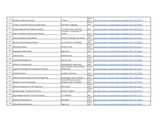 119
Principles of Polymer Chemistry A. Ravve
3rd ed.
2012 http://link.springer.com/openurl?genre=book&isbn=978-1-4614-2212-9
120
A Primer on Scientific Programming with Python Hans Petter Langtangen
5th ed.
2016 http://link.springer.com/openurl?genre=book&isbn=978-3-662-49887-3
121
Climate Change Science: A Modern Synthesis G. Thomas Farmer, John Cook 2013 http://link.springer.com/openurl?genre=book&isbn=978-94-007-5757-8
122
Solar PV and Wind Energy Conversion Systems
S. Sumathi, L. Ashok Kumar, P.
Surekha 2015 http://link.springer.com/openurl?genre=book&isbn=978-3-319-14941-7
123
Statistical Analysis and Data Display Richard M. Heiberger, Burt Holland
2nd ed.
2015 http://link.springer.com/openurl?genre=book&isbn=978-1-4939-2122-5
124
Business Process Management Cases Jan vom Brocke, Jan Mendling
1st ed.
2018 http://link.springer.com/openurl?genre=book&isbn=978-3-319-58307-5
125
Elementary Analysis Kenneth A. Ross
2nd ed.
2013 http://link.springer.com/openurl?genre=book&isbn=978-1-4614-6271-2
126
Cryptography Made Simple Nigel Smart
1st ed.
2016 http://link.springer.com/openurl?genre=book&isbn=978-3-319-21936-3
127
Fluid Dynamics Michel Rieutord 2015 http://link.springer.com/openurl?genre=book&isbn=978-3-319-09351-2
128
Social Media Management Amy Van Looy
1st ed.
2016 http://link.springer.com/openurl?genre=book&isbn=978-3-319-21990-5
129
Statistics in Criminal Justice David Weisburd, Chester Britt
4th ed.
2014 http://link.springer.com/openurl?genre=book&isbn=978-1-4614-9170-5
130
Supply Chain Management and Advanced Planning
Hartmut Stadtler, Christoph Kilger,
Herbert Meyr
5th ed.
2015 http://link.springer.com/openurl?genre=book&isbn=978-3-642-55309-7
131
Probability Theory Alexandr A. Borovkov 2013 http://link.springer.com/openurl?genre=book&isbn=978-1-4471-5201-9
132
Statistics and Data Analysis for Financial Engineering David Ruppert, David S. Matteson
2nd ed.
2015 http://link.springer.com/openurl?genre=book&isbn=978-1-4939-2614-5
133
Readings in Formal Epistemology
Horacio Arló-Costa, Vincent F.
Hendricks, Johan van Benthem
1st ed.
2016 http://link.springer.com/openurl?genre=book&isbn=978-3-319-20451-2
134
Differential Equations and Their Applications Martin Braun
4th ed.
1993 http://link.springer.com/openurl?genre=book&isbn=978-1-4612-4360-1
135
Nanotechnology: Principles and Practices Sulabha K. Kulkarni
3rd ed.
2015 http://link.springer.com/openurl?genre=book&isbn=978-3-319-09171-6
136
Epidemiological Research: Terms and Concepts O. S. Miettinen 2011 http://link.springer.com/openurl?genre=book&isbn=978-94-007-1171-6
137
Multinational Management Rien Segers
1st ed.
2016 http://link.springer.com/openurl?genre=book&isbn=978-3-319-23012-2
138
Partial Differential Equations Jürgen Jost
3rd ed.
2013 http://link.springer.com/openurl?genre=book&isbn=978-1-4614-4809-9
 