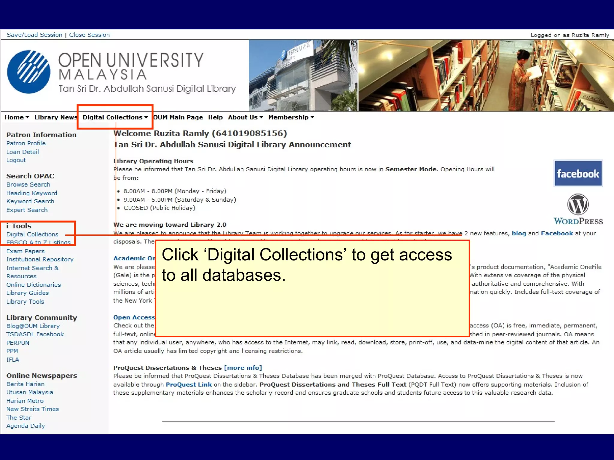 Click ‘Digital Collections’ to get access to all databases.