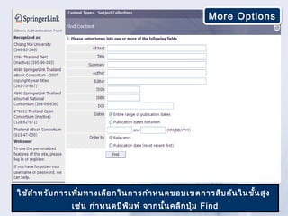 More Options




ใช้ส ำา หรับ การเพิ่ม ทางเลือ กในการกำา หนดขอบเขตการสืบ ค้น ในขัน สูง
                                                                ้
              เช่น กำา หนดปีพ ม พ์ จากนั้น คลิก ปุ่ม Find
                              ิ
 